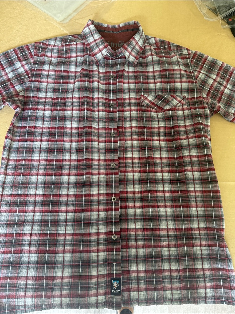 Kuhl Men's Red and Gray Plaid Short-Sleeve Button-Down Shirt‎